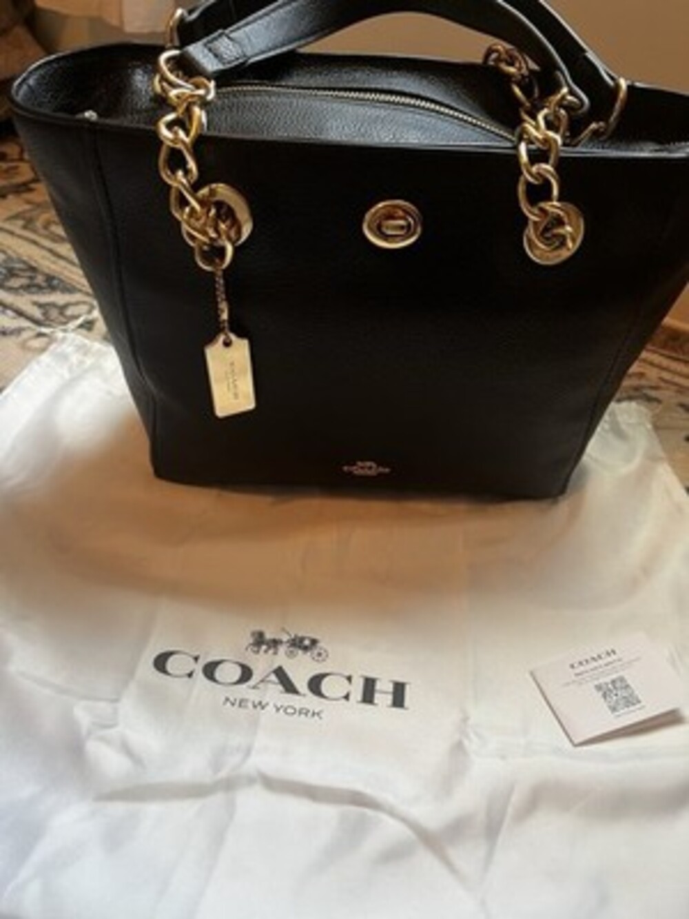 Coach Turnlock Tote Black Pebbled Leather Gold Chain Shoulder Bag